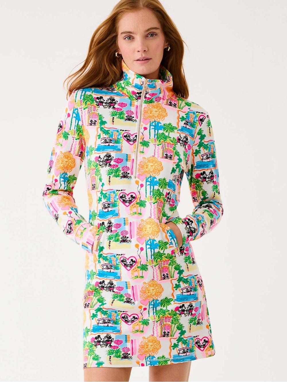 NWOT Lilly Pulitzer x Disney Eleni Half-Zip Dress Lilly Loves Minnie & Mickey Lg